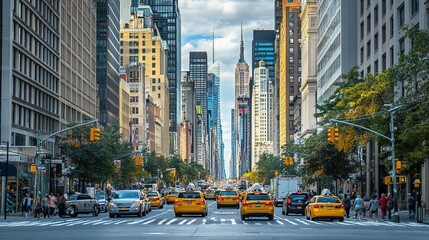 Wall Mural - A wide-angle shot of a city street in the heart of a business district, with towering skyscrapers and busy traffic