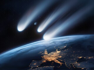 illustration of three icy comets passing by planet Earth. The comets should be depicted as bright, glowing objects with long, luminous tails, streaking through the dark expanse of space