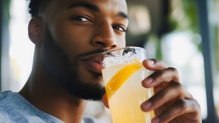 African American black man drinking lemonade enjoys cold summer refreshing fizzy beverage juice Happy person in a cafe Carefree lifestyle Cocktail Young student Citrus fruit Glass bottle Leisure guy