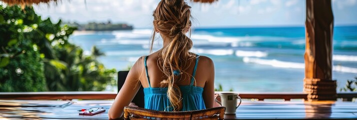 Wall Mural - photo of a digital nomad woman on this 30s working on bali, 