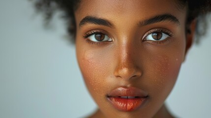 Wall Mural - Beautiful model black woman posing on white studio background, close up lips shot 