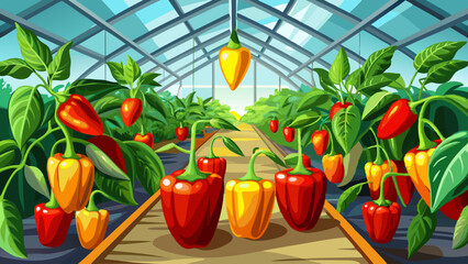 Agricultural - sweet peppers growing in a greenhouse close-up. Red and yellow juicy peppers on the