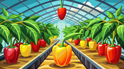 Agricultural - sweet peppers growing in a greenhouse close-up. Red and yellow juicy peppers on the