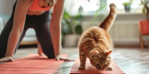 Cat doing yoga with woman