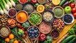 © Kobir38 - Food Background with Assortment of Healthy food clean eating selection: Fruit, superfood, cereal, vegetable, seeds, leaf vegetable and others