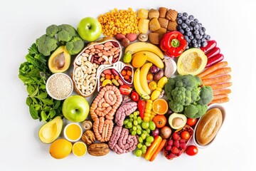 Poster - A colorful arrangement of various fruits and vegetables in a circular pattern, suitable for use as a background or for depicting a farmers market or grocery store scene