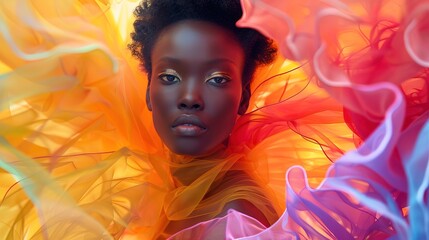 Poster - Fashion black woman model in a colorful, modern, abstract dress. Futuristic catwalk outfit. Vivid colors, party look. Bright colors background