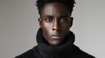 Wall Mural - fashion portrait of handsome black model man wearing black sweater, studio shot 