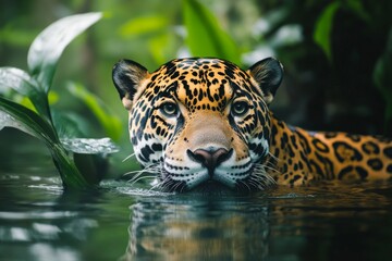 A jaguar's piercing eyes lock focus as it swims through green-tinted jungle water