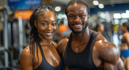 Wall Mural - A jubilant athletic couple, their faces glowing with satisfaction, stand side by side in the gym, flexing their