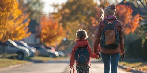 Wall Mural - mom walking kid to school - first day of school