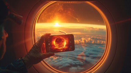 Poster - A photorealistic depiction of a hand holding eclipse glasses up to a smartphone camera, capturing the total eclipse reflected in