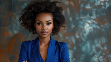 portrait of a beautiful black business woman posing in a blue suit