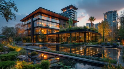 Poster - A striking architectural photograph capturing the sleek lines and innovative design of a new energy-efficient building, showcasing its