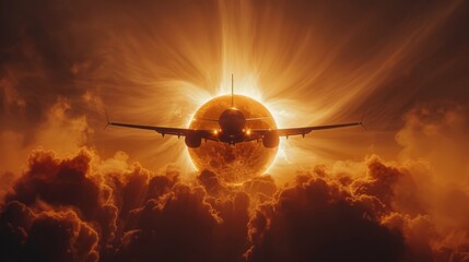 Wall Mural - an airplane flying in front of the total solar eclipse with the wake of the engine