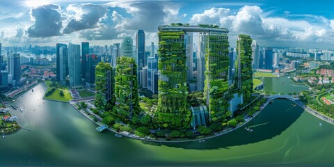 Sticker - An immersive 360-degree equirectangular panorama of Singapore in the future, showcasing vertical farms and green rooftops providing fresh