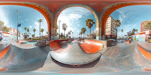 Sticker - An immersive 360-degree equirectangular spherical panorama of modular electric skateboards weaving through pedestrian-friendly city streets, offering a fun