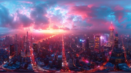 Wall Mural - An immersive 360-degree panorama of a bustling city skyline at night, illuminated by a kaleidoscope of neon lights