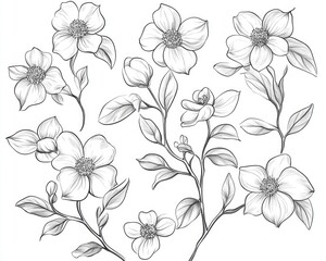 Dogwood Illustration. Beautiful Doodle Flower Set in White Background