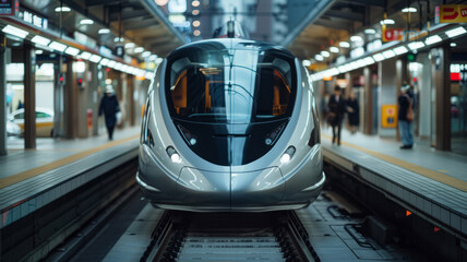 Modern high-speed train arriving at an urban station.