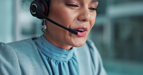 Wall Mural - Call center, woman and mouth with mic in office for customer service, help or outbound sales support. Happy, advisor and tech in communication for telemarketing, information or consulting with client