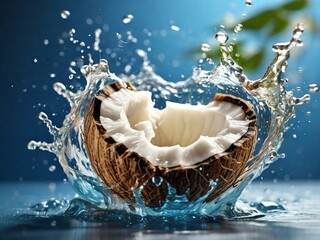 Wall Mural - The image is isolated on a plain background, emphasizing the fresh and natural appeal of the coconut water and the clean, bright splash of liquid droplets.