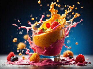 Wall Mural - A high-speed photograph capturing a vibrant fruit smoothie splash, with dynamic and colorful motion.