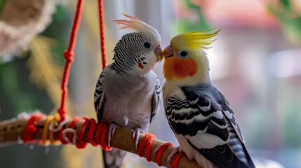 two cockatiels perched on a play gym, engaged in a playful beak-to-beak interaction