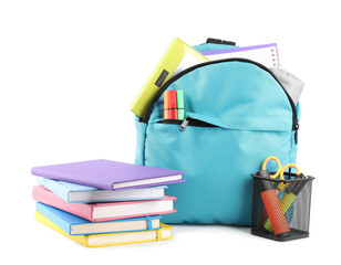 Canvas Print - Backpack with different school stationery isolated on white