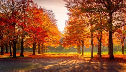 A serene fall afternoon in the park, with warm red, yellow, and orange leaves, soft light, light fog, and a peaceful, calming atmosphere.