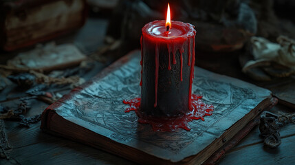 Gothic Red Candle Dripping Wax on Ancient Book in Dark Setting