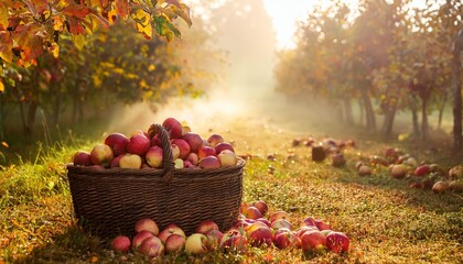 Wall Mural - A peaceful fall afternoon in a garden, with ripe apple bales, golden sunlight filtering through, and warm hues of red, yellow, and orange under light fog.