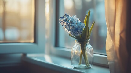 Wall Mural - Vibrant Hyacinth Flower in Vase Brightening Window Sill - Nature Home Decor Beauty