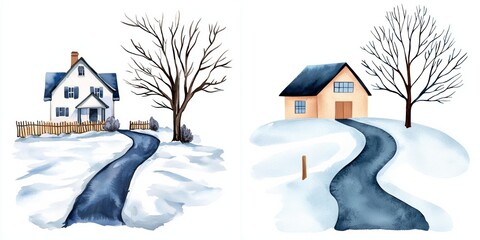 Wall Mural - Illustration of snowy houses with bare trees and a curving driveway in winter scenery, showcasing serene, tranquil rural life.