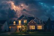 © shobakhul - A house is lit up by the lightning and the dark sky, generative ai image