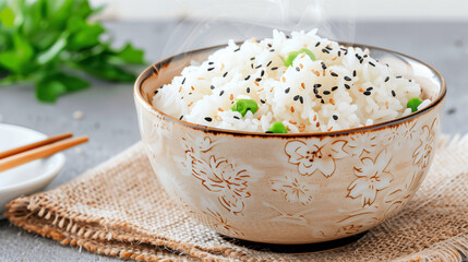 Bowl of rice with green peas and sesame seeds steaming hot food on a rustic table. Delicious Asian cuisine in a decorative bowl