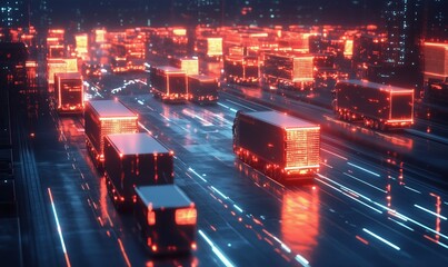 A city street with many trucks and cars. The trucks are lit up in red and the cars are lit up in blue. Scene is busy and bustling