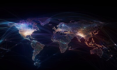 Wall Mural - A colorful, glowing map of the world with many lights. The lights are scattered all over the map, creating a sense of movement and energy. The map is filled with different colors and patterns