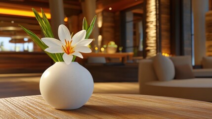 Wall Mural - Beautiful fresh freesia flower in vase on wooden table - vibrant colors and elegant arrangement