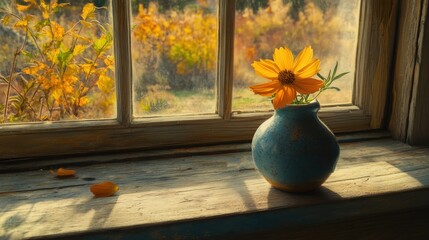 Wall Mural - Medium shot of vibrant cosmos flower in vase against window backdrop.