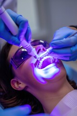 Sticker - A woman sitting in a dentist's chair having her teeth examined