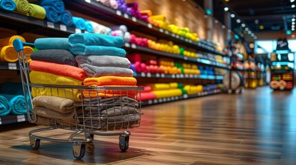 Poster - Detailed photograph of a shopping cart filled with fitness equipment and sports gear, from weights to yoga mats, highlighting health