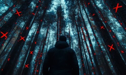 Wall Mural - a man stands in a forest with red crosses in the background. concept of danger and unease, as the ma