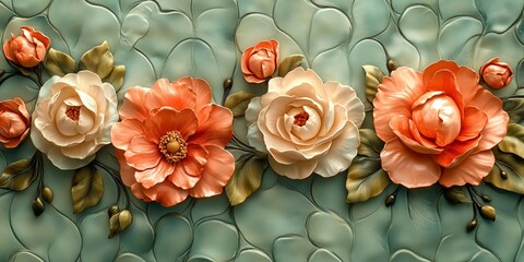 Sticker - Quilted Floral Elegance in Seafoam Green and Coral, generative ai