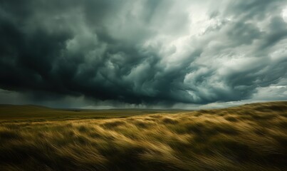 Wall Mural - a stormy sky with dark clouds and a field of tall grass. scene is ominous and foreboding