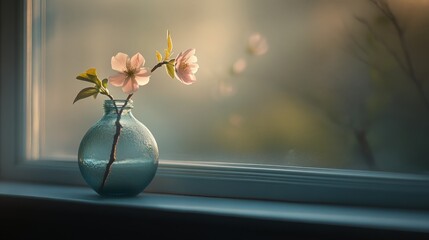 Wall Mural - Vibrant Begonia Flower in Vase Displayed on Windowsill | Home Decor Floral Arrangement Close-Up