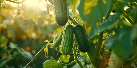 Wall Mural - Ripe cucumbers cultivated on a vine in a greenhouse