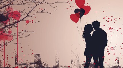 Poster - Draw a scene of a couple strolling hand in hand through a park, surrounded by blooming flowers and heart-shaped balloons