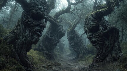 Wall Mural - A forest with three large tree heads and a path in between. Scene is eerie and mysterious