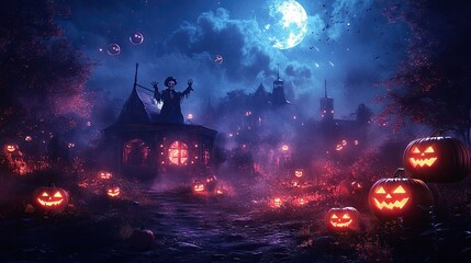 Wall Mural - A Halloween scene with a witch and a house with a large pumpkin on the front. The scene is dark and spooky, with many pumpkins scattered throughout the area